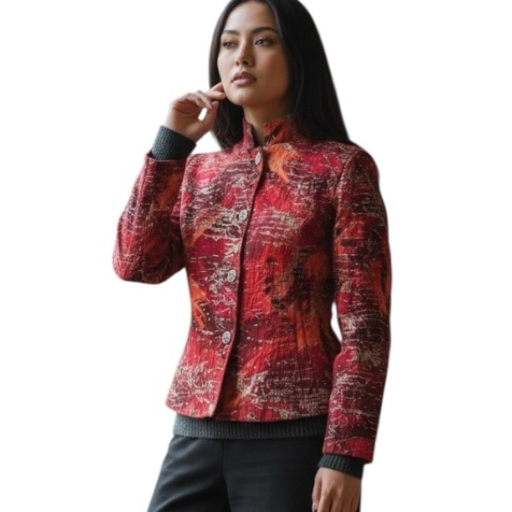 Chicos 0 Small Red Artsy Blazer Jacket 100% Cotton Gold Foil Office Abstract